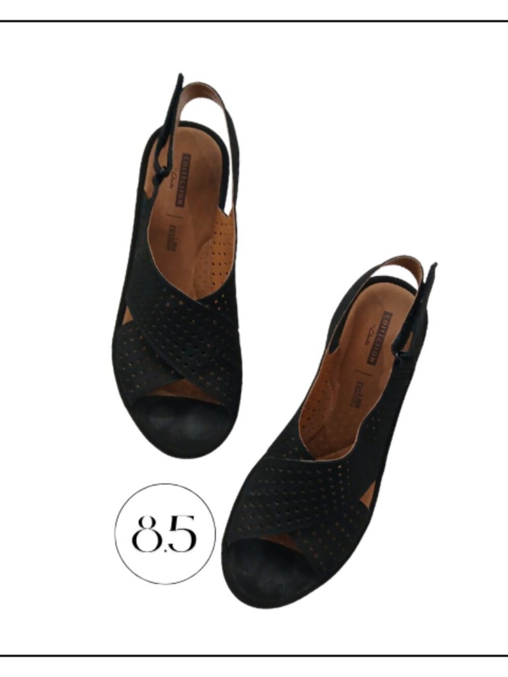 Clarks Black Perforated Crossover Slingback Wedge Sandals
